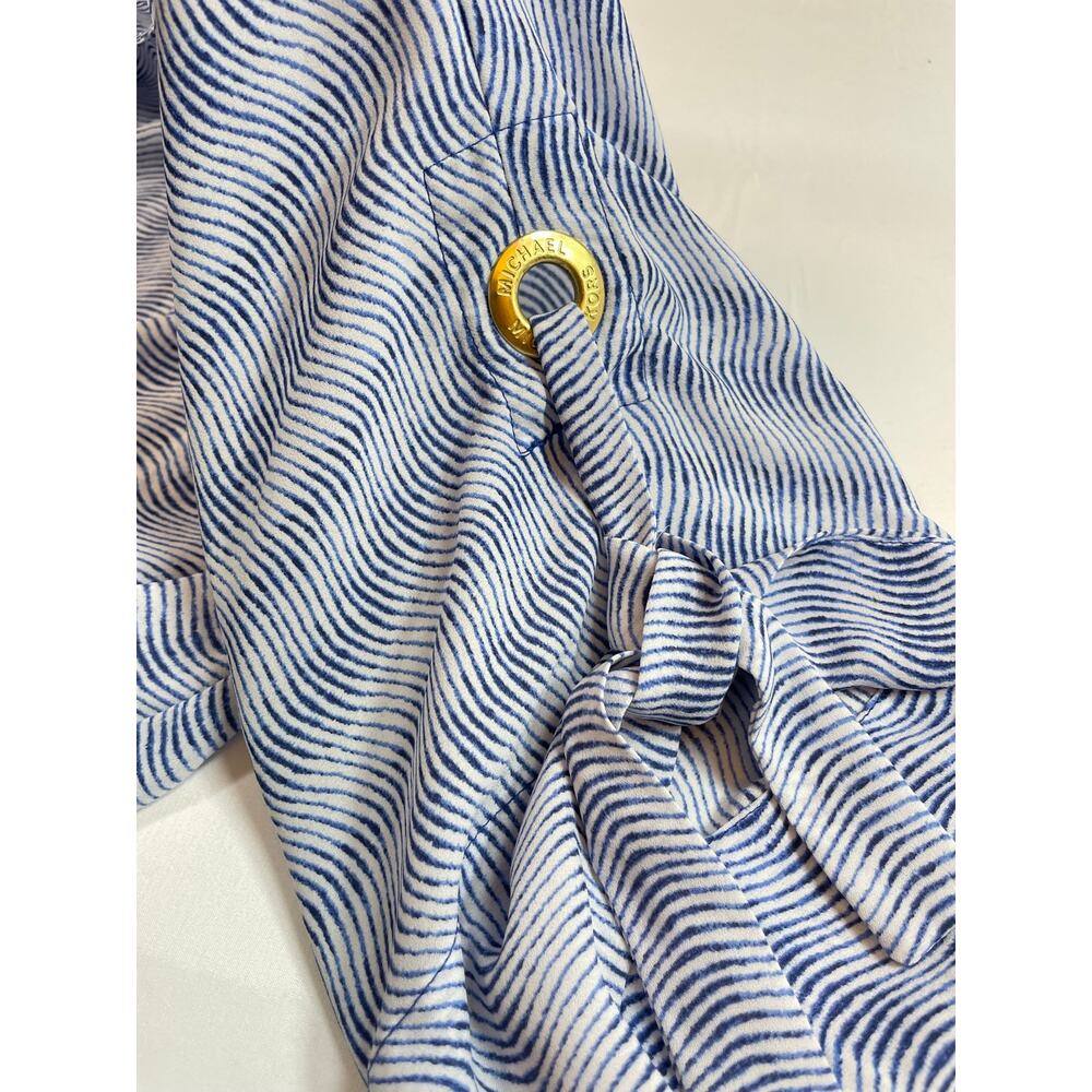 Michael Kors Blouse L Blue White Wave Stripe Grommet Smocked Hem Dolman Coastal - Picture 4 of 7